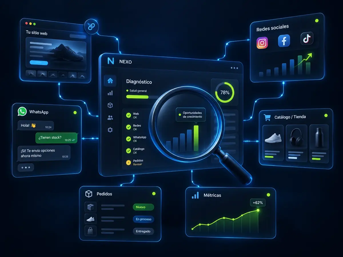 Panel de diagnóstico de NEXO revisando la web, las redes, WhatsApp, el catálogo, los pedidos y las métricas de un negocio.