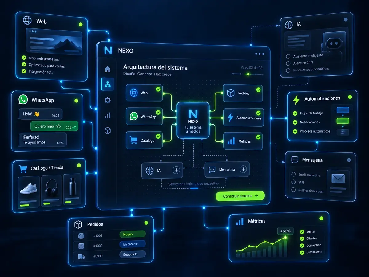 Arquitectura del sistema: módulos de web, WhatsApp, catálogo, pedidos, automatizaciones y métricas conectados a un núcleo central de NEXO.