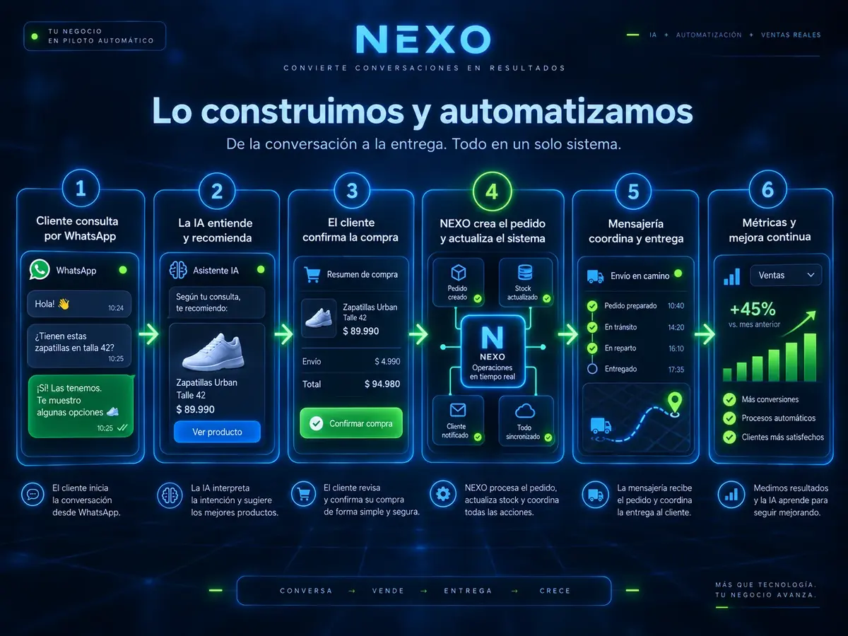 Flujo automatizado en seis pasos: consulta por WhatsApp, la IA recomienda, el cliente confirma la compra, NEXO crea el pedido, la mensajería coordina la entrega y las métricas miden el resultado.