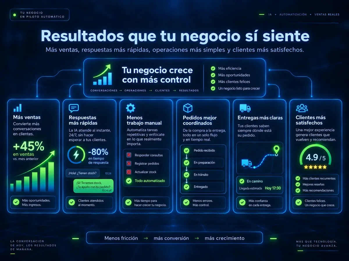 Resumen de resultados: más ventas, respuestas más rápidas, menos trabajo manual, pedidos mejor coordinados, entregas más claras y clientes más satisfechos.